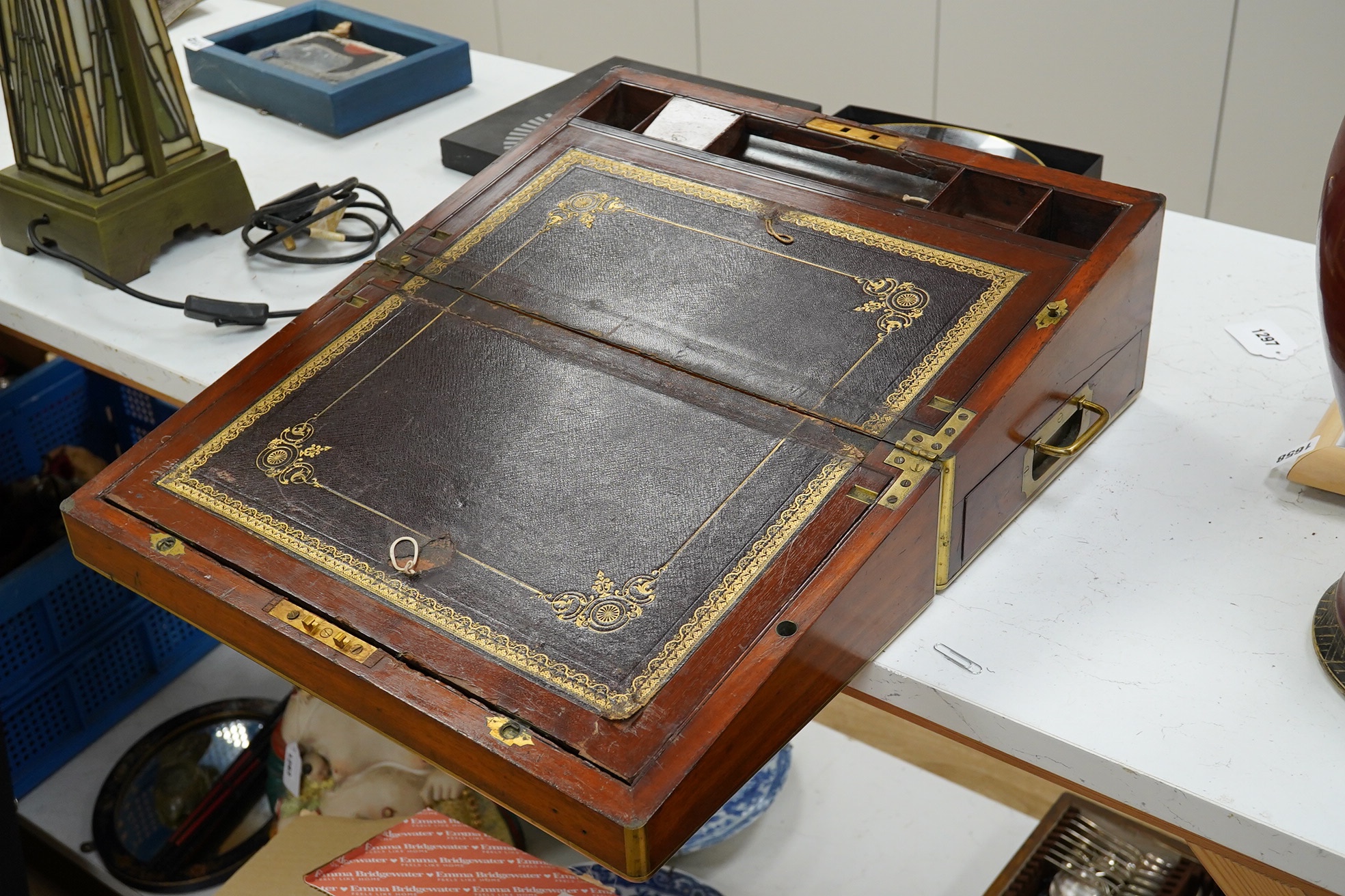 A 19th century mahogany brass bound writing box with tooled leather slope, 45cm wide. Condition - poor